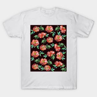 Peonies Flowers Watercolor Ink Cute dark red T-Shirt